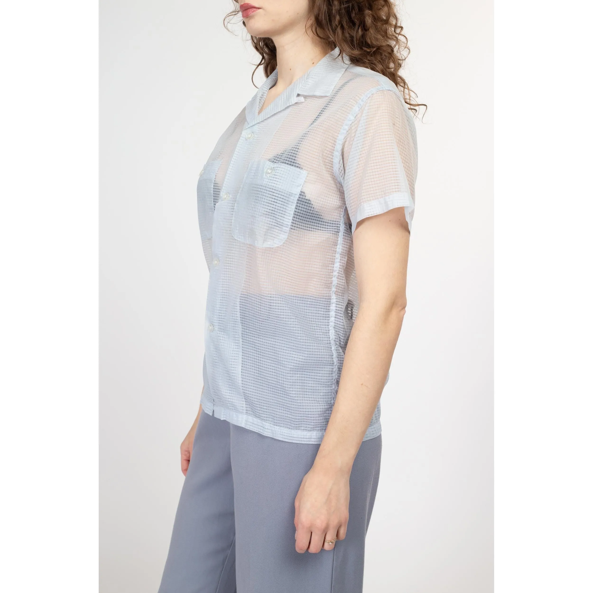 Small 60s Sheer Pastel Blue Collared Shirt Unisex