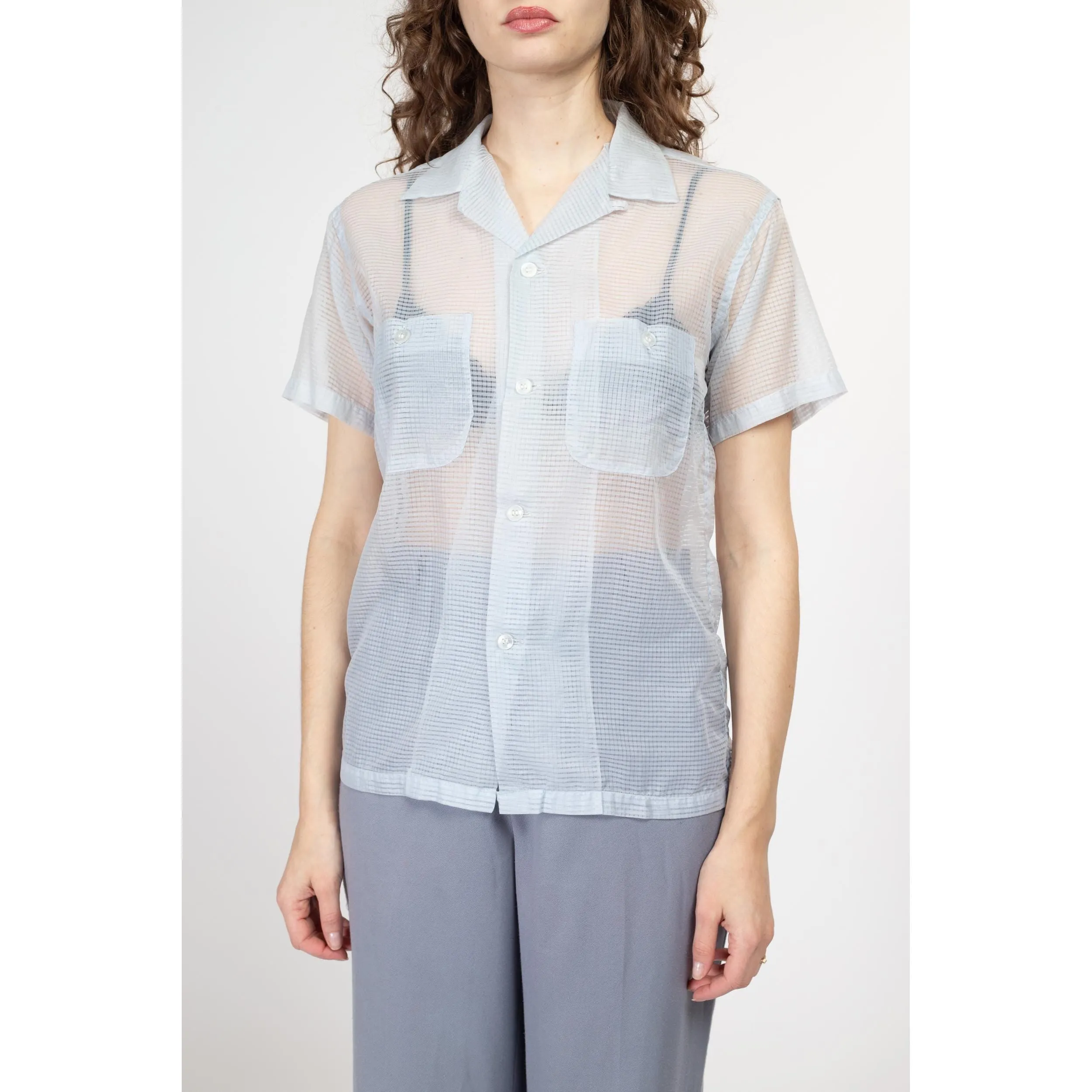 Small 60s Sheer Pastel Blue Collared Shirt Unisex