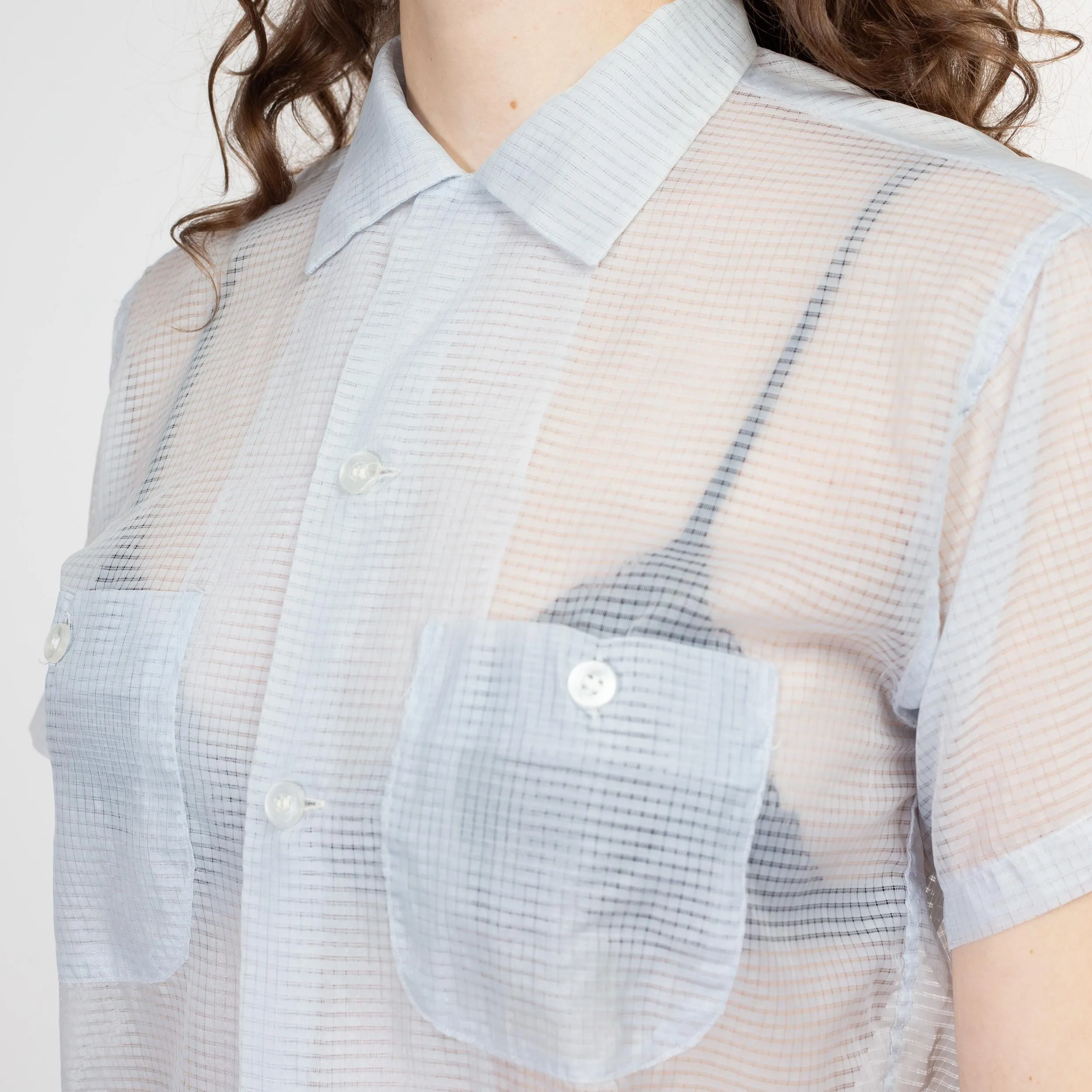 Small 60s Sheer Pastel Blue Collared Shirt Unisex