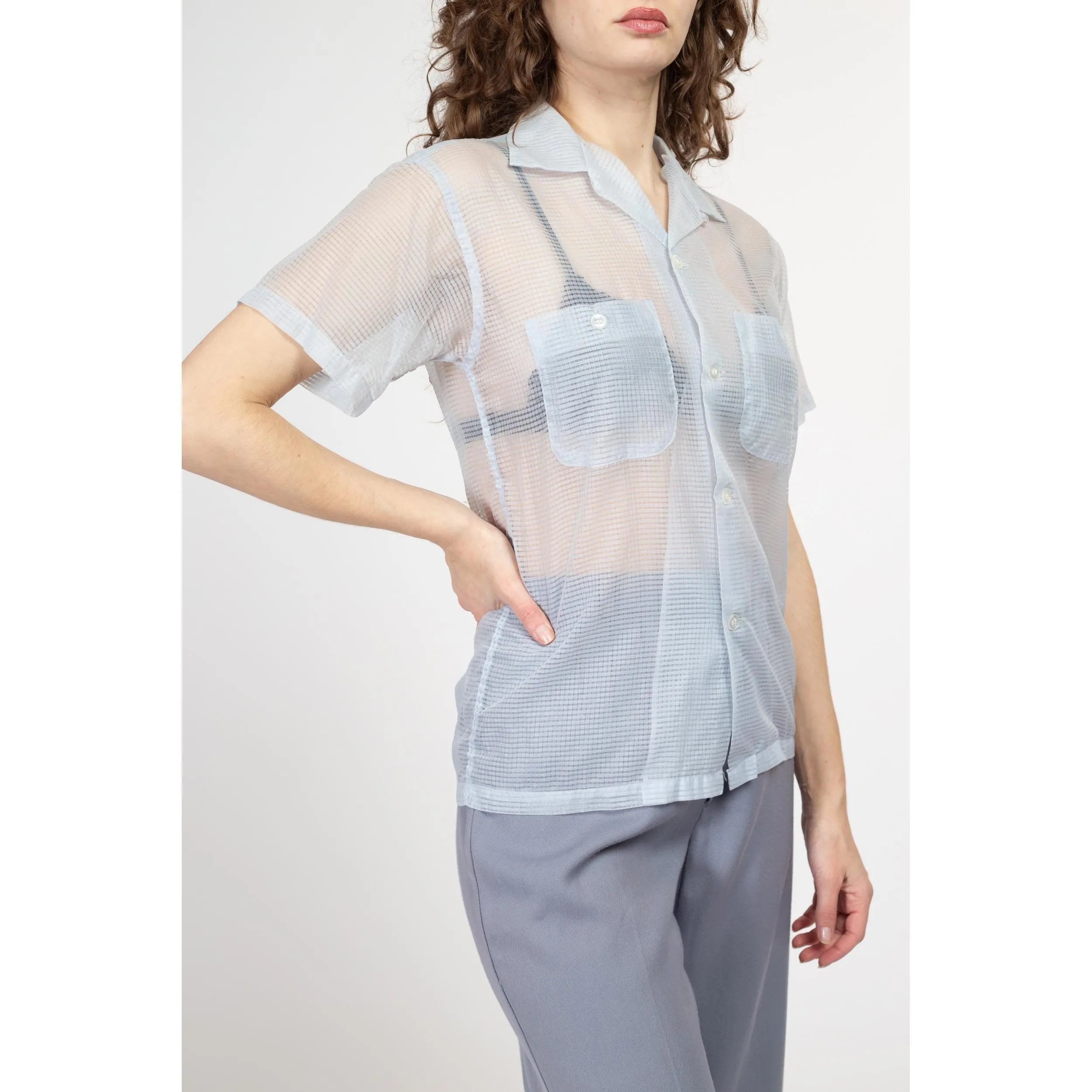 Small 60s Sheer Pastel Blue Collared Shirt Unisex