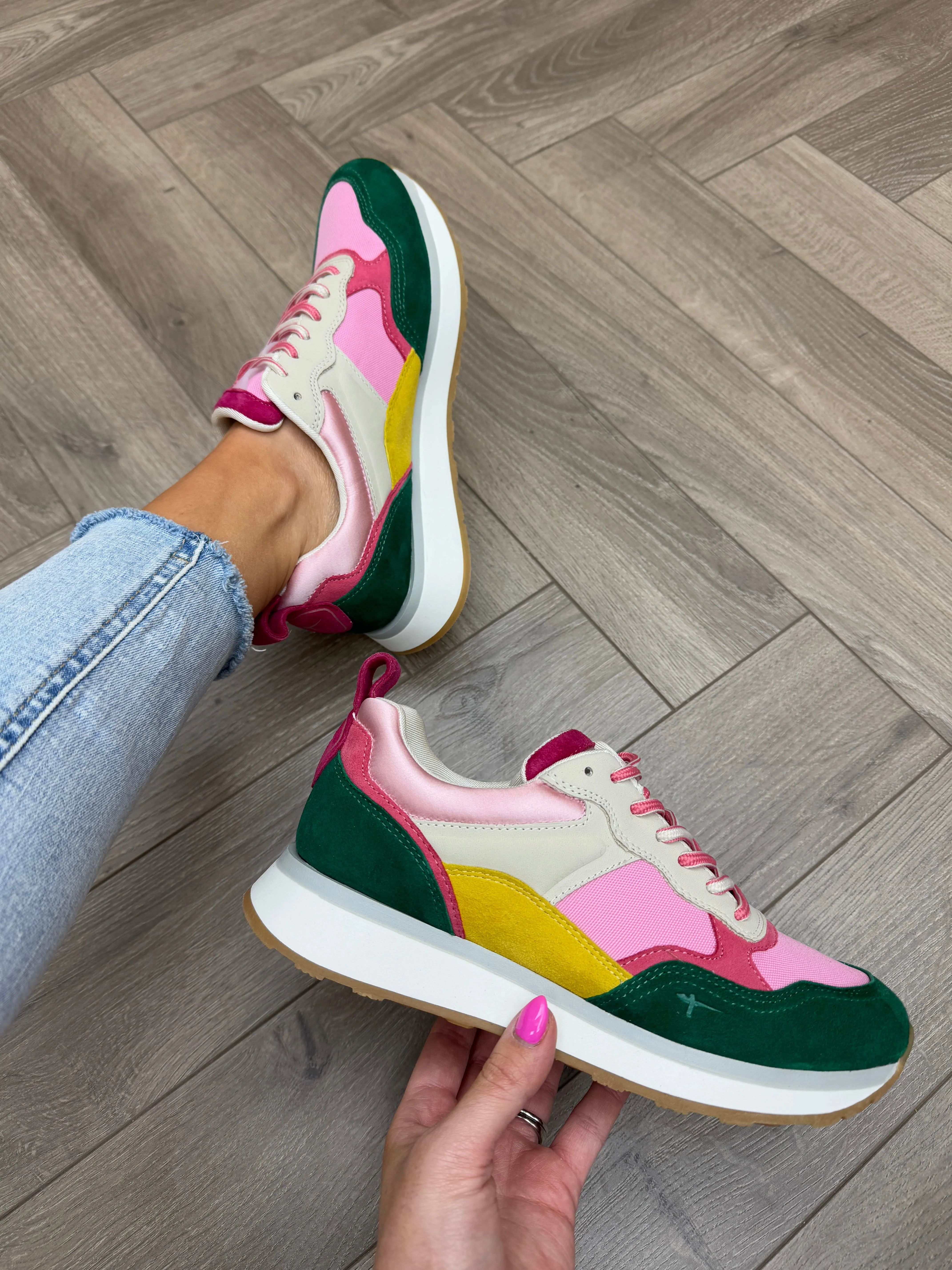 Tamaris (T48) Multi Coloured Lace Up Trainer 23741 - Pink Comb