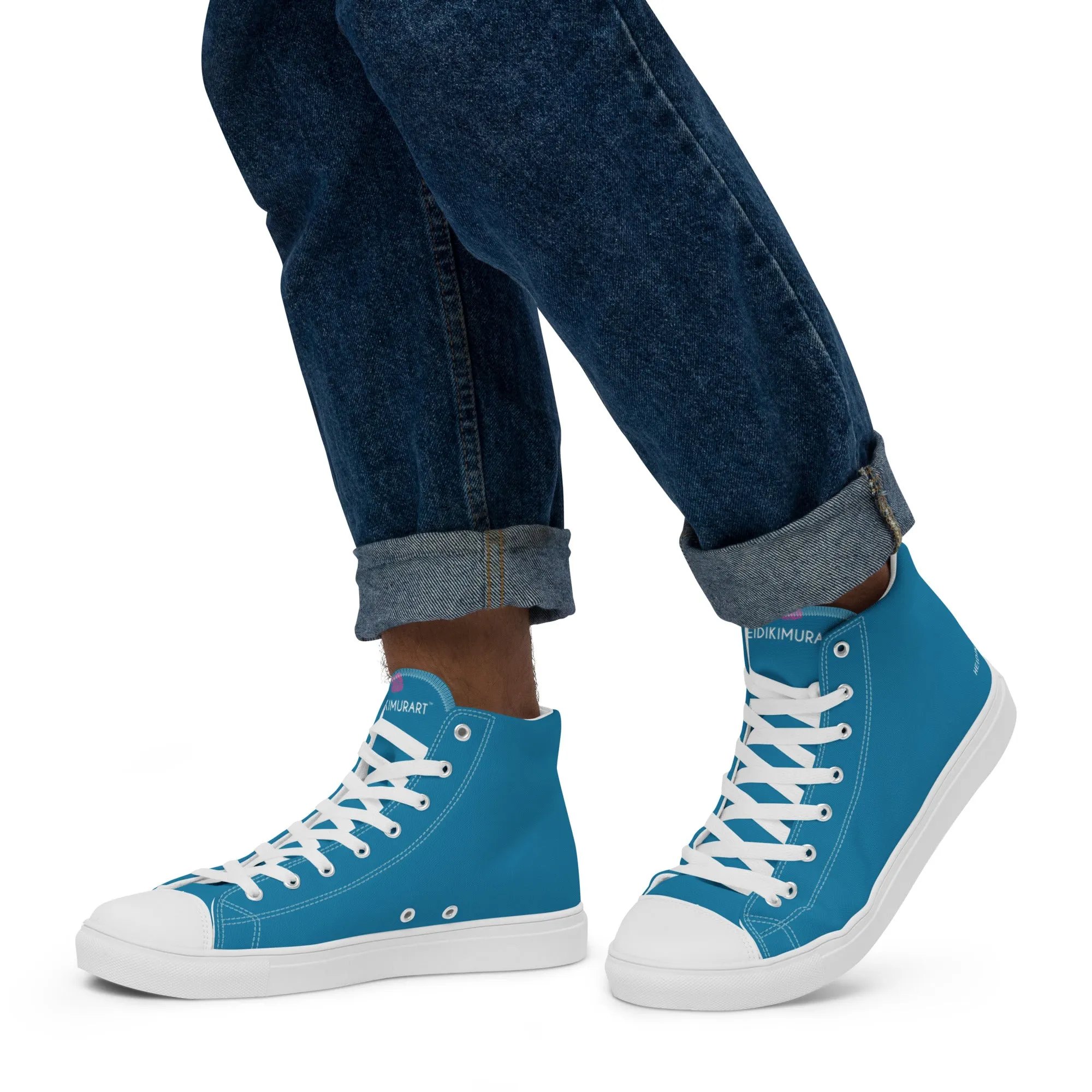 Teal Blue Men's High Tops, Solid Color Best Men’s high top canvas shoes