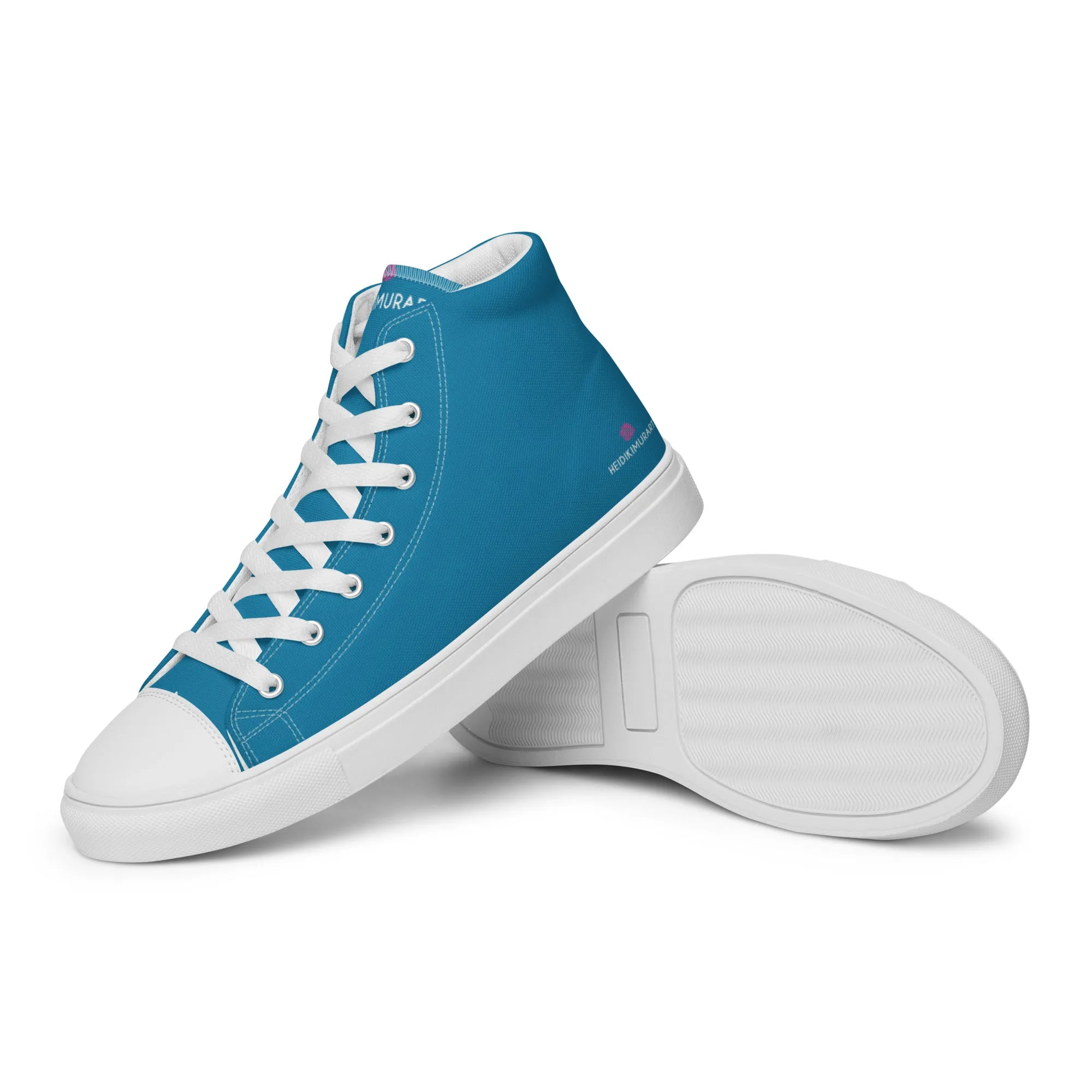 Teal Blue Men's High Tops, Solid Color Best Men’s high top canvas shoes
