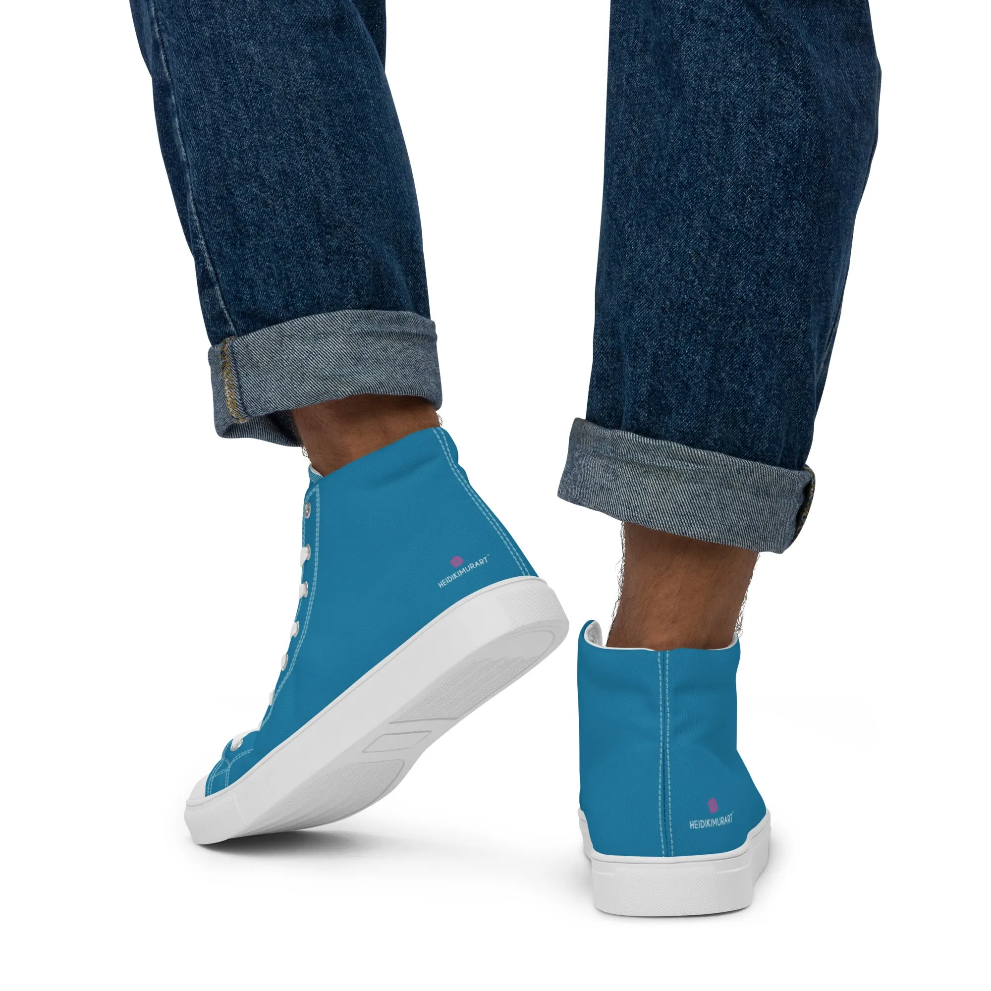 Teal Blue Men's High Tops, Solid Color Best Men’s high top canvas shoes