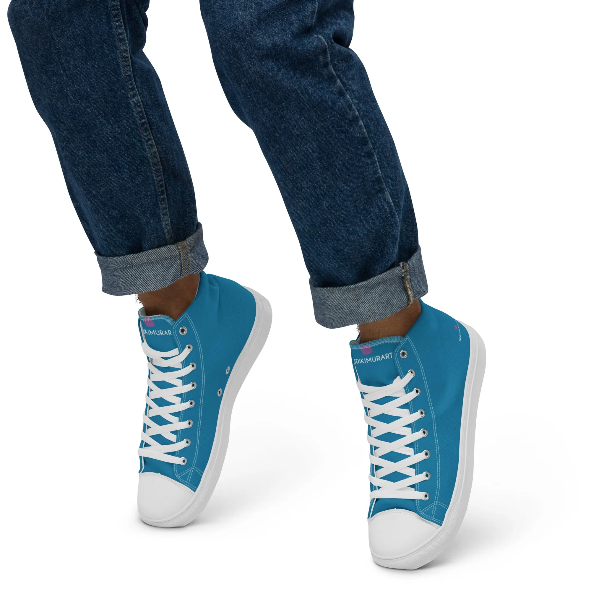 Teal Blue Men's High Tops, Solid Color Best Men’s high top canvas shoes