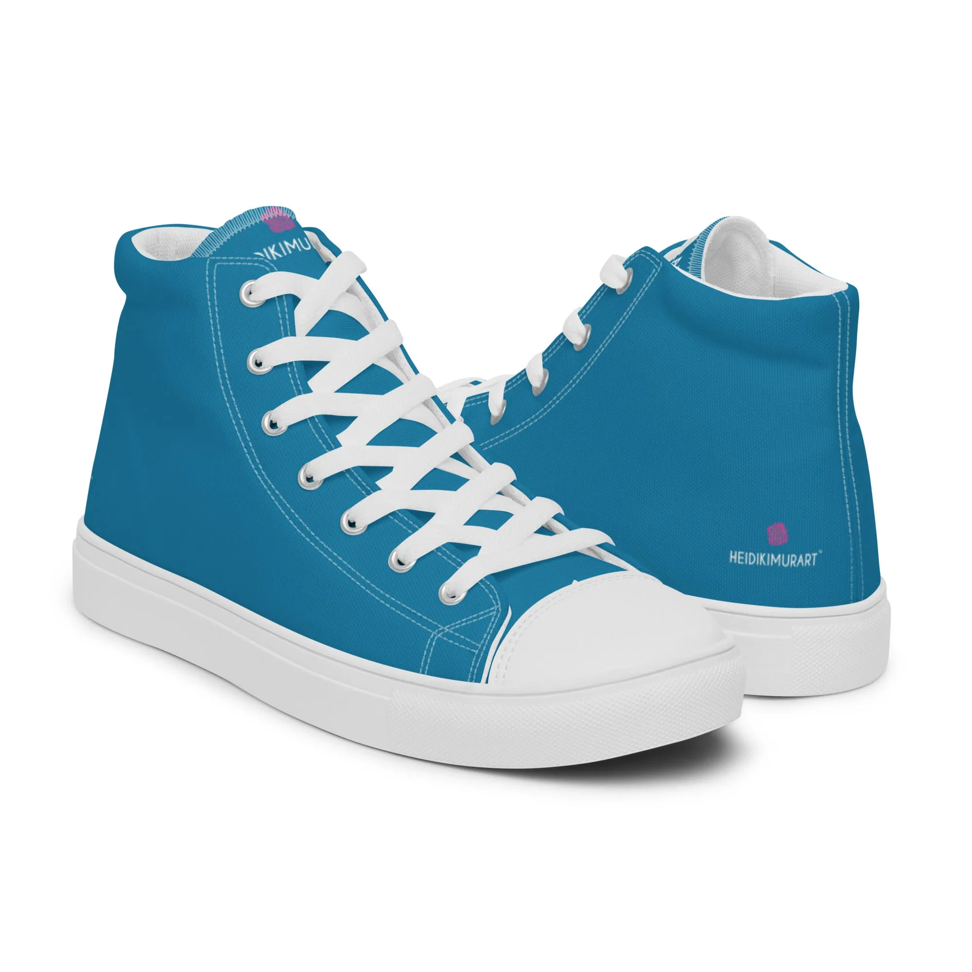 Teal Blue Men's High Tops, Solid Color Best Men’s high top canvas shoes