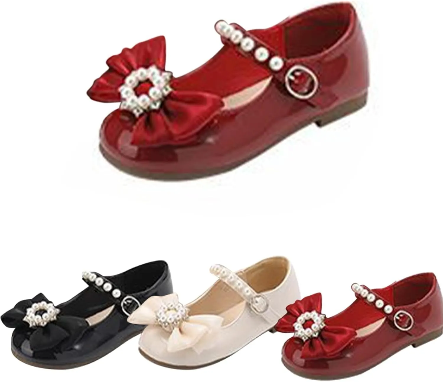Toddler Girls Dress Shoes with Pearls Bow Mary Jane Flats Flower Girl Shoes for Wedding Party Shoes Ballet Shoes