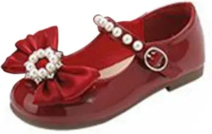 Toddler Girls Dress Shoes with Pearls Bow Mary Jane Flats Flower Girl Shoes for Wedding Party Shoes Ballet Shoes