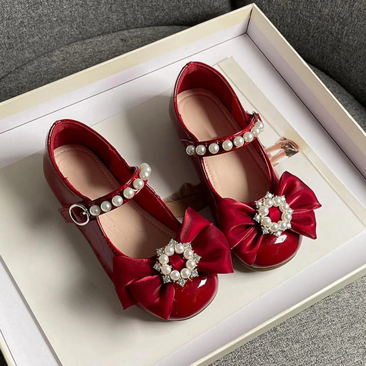 Toddler Girls Dress Shoes with Pearls Bow Mary Jane Flats Flower Girl Shoes for Wedding Party Shoes Ballet Shoes