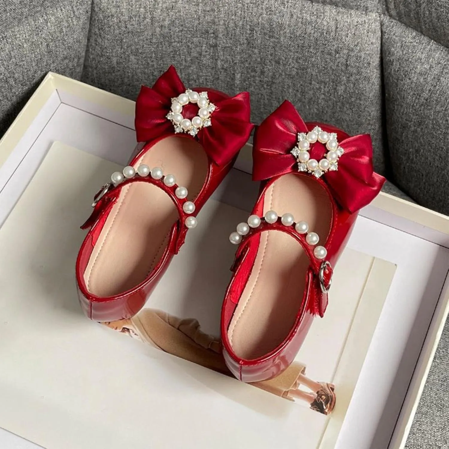 Toddler Girls Dress Shoes with Pearls Bow Mary Jane Flats Flower Girl Shoes for Wedding Party Shoes Ballet Shoes