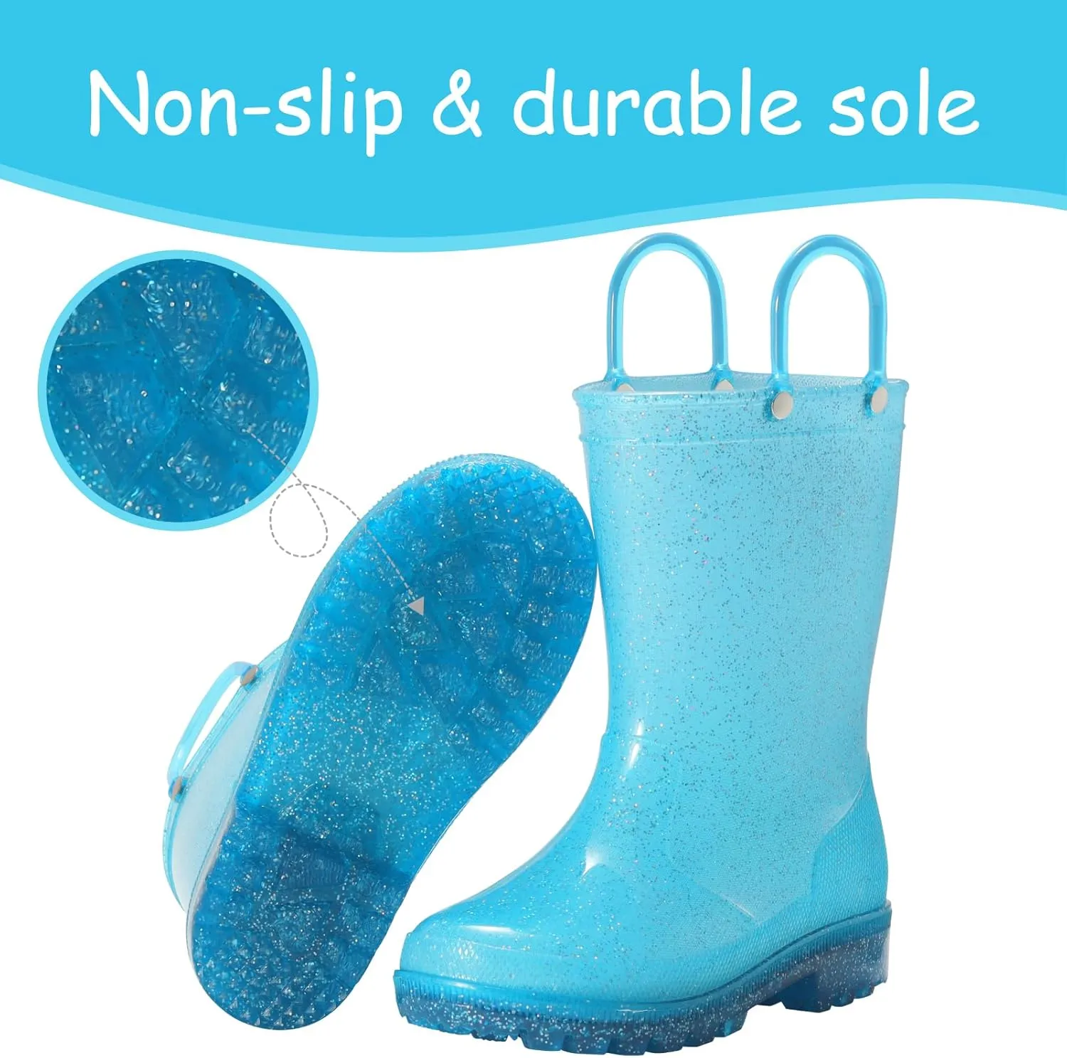 Toddler Rain Boots,Waterproof Glitter Kids Rain Boots with Easy-on Handles for Boys and Girls