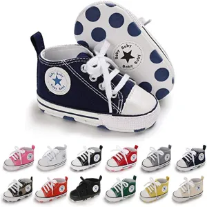 Unisex Baby Soft Sole Sneakers, Canvas Denim High Top, Newborn Infant First Walkers
