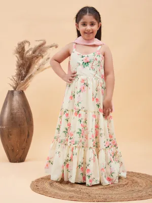 VASTRAMAY Girl's Light Yellow Floral Print Anarkali With Pink Dupatta