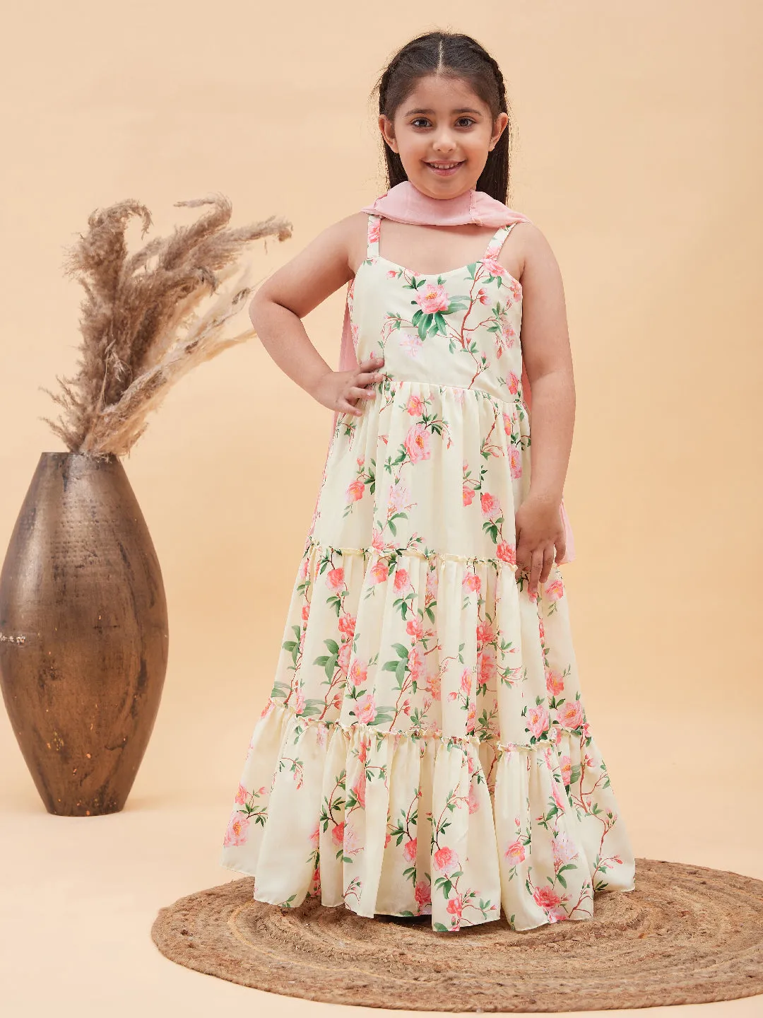VASTRAMAY Girl's Light Yellow Floral Print Anarkali With Pink Dupatta