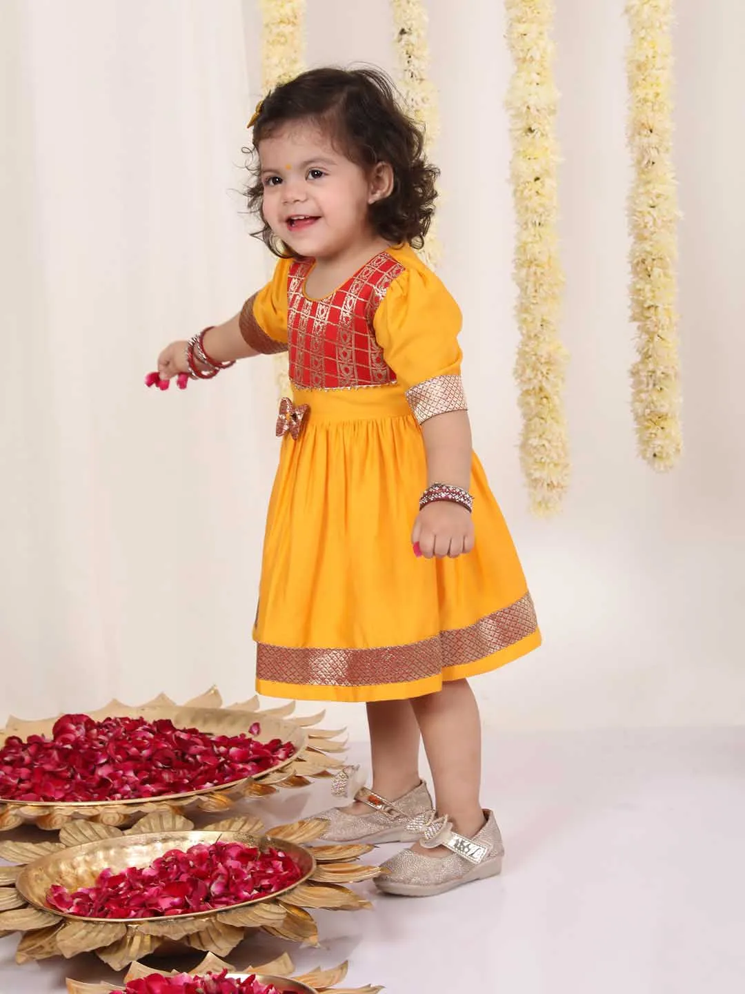 VASTRAMAY Girl's Red And Yellow Banarsi Frock