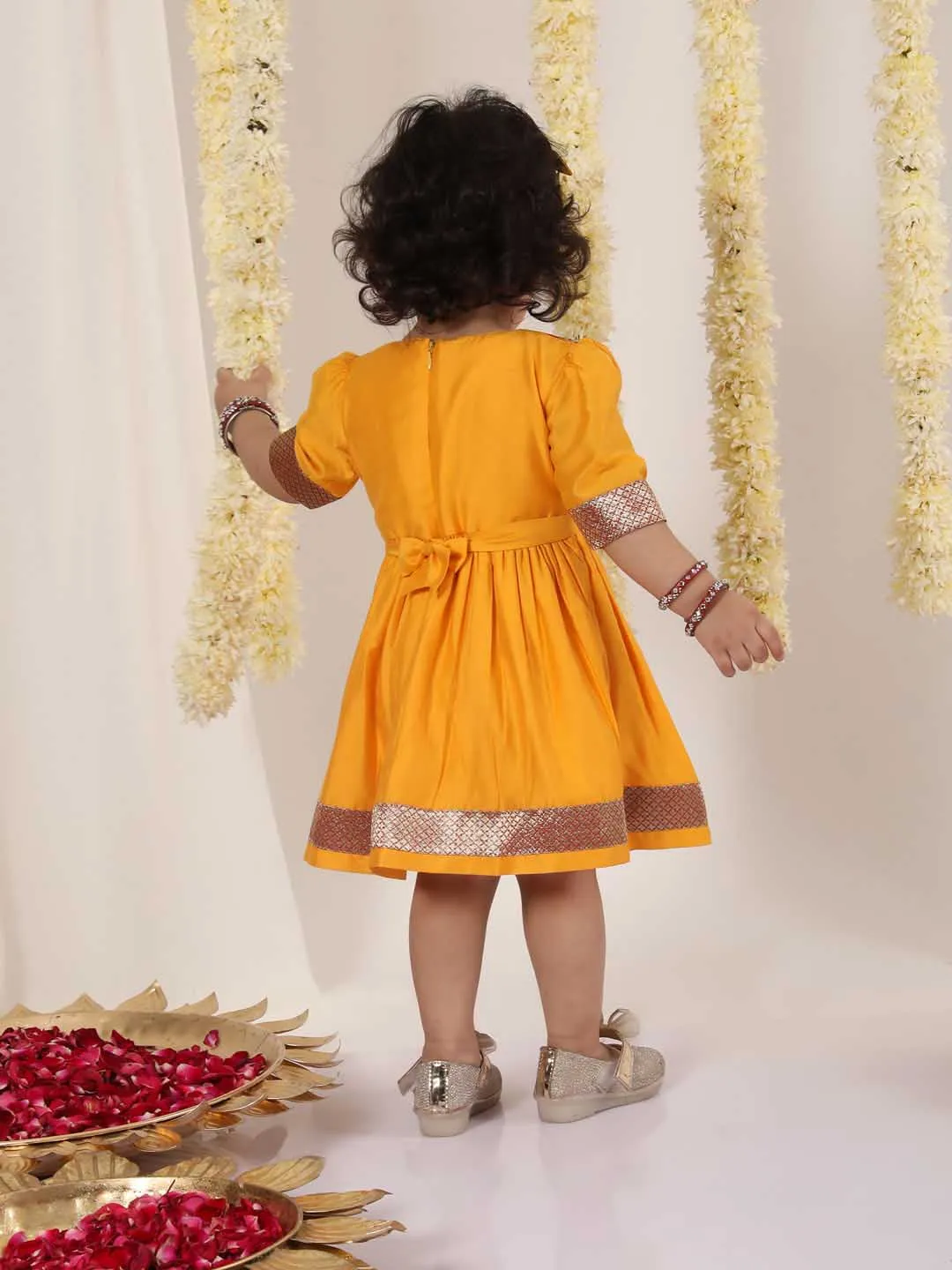 VASTRAMAY Girl's Red And Yellow Banarsi Frock