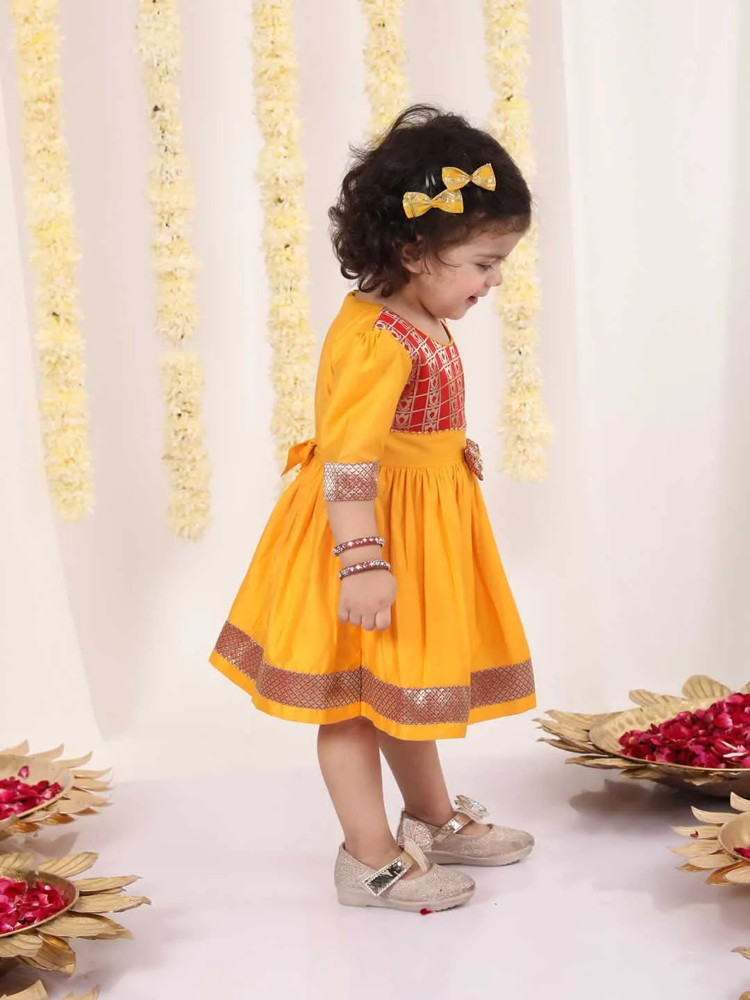 VASTRAMAY Girl's Red And Yellow Banarsi Frock