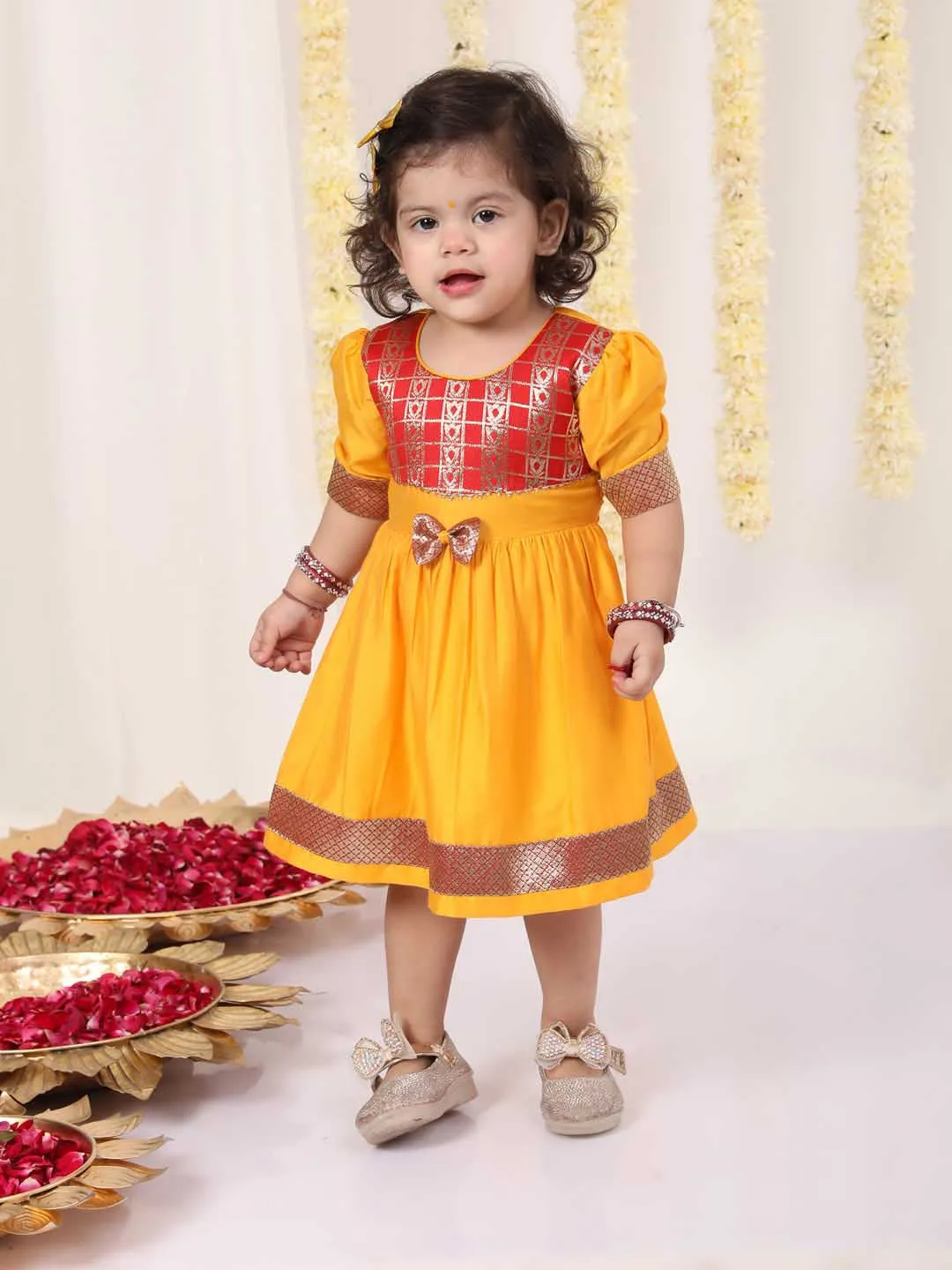 VASTRAMAY Girl's Red And Yellow Banarsi Frock