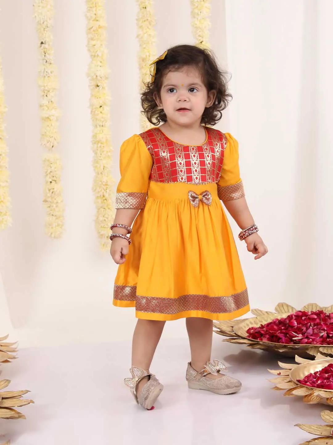 VASTRAMAY Girl's Red And Yellow Banarsi Frock