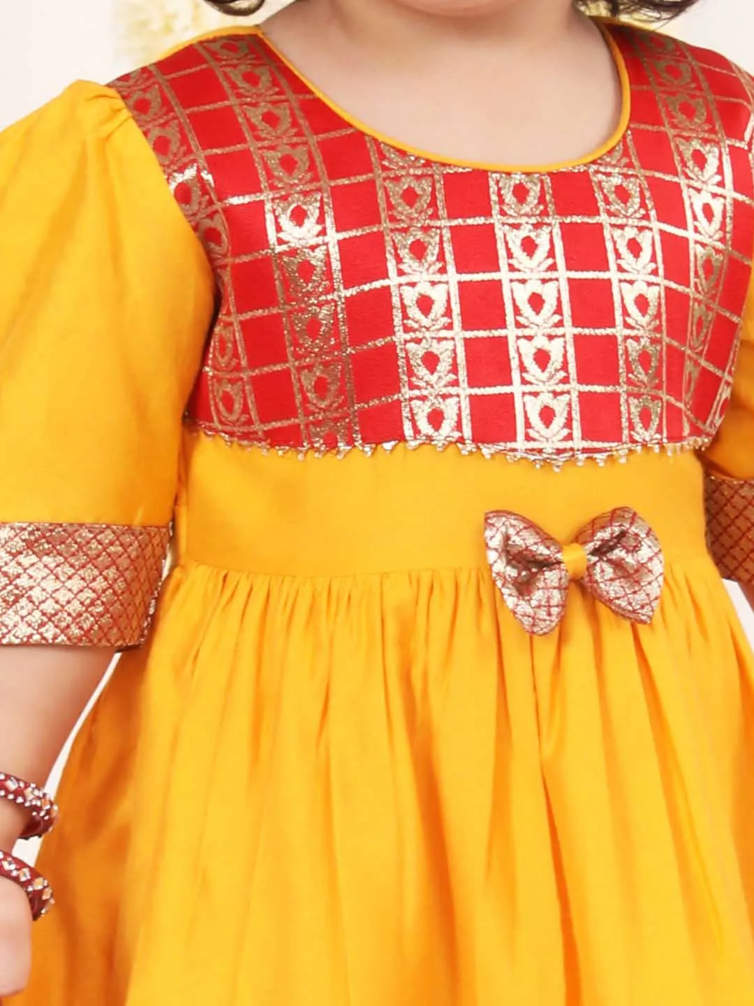 VASTRAMAY Girl's Red And Yellow Banarsi Frock