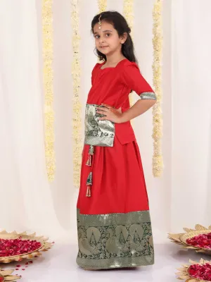 Vastramay Girl's Red Pavda Pattu Lehenga Choli Set