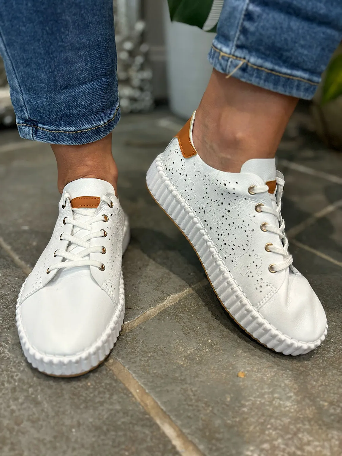 White Pierced Slip On Trainers