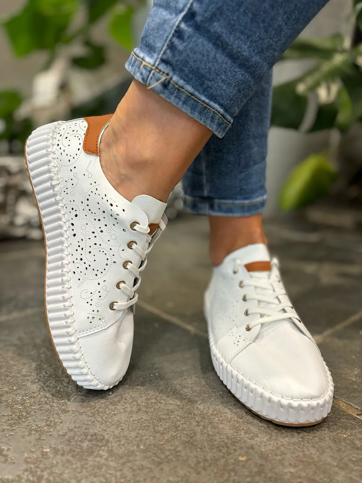 White Pierced Slip On Trainers