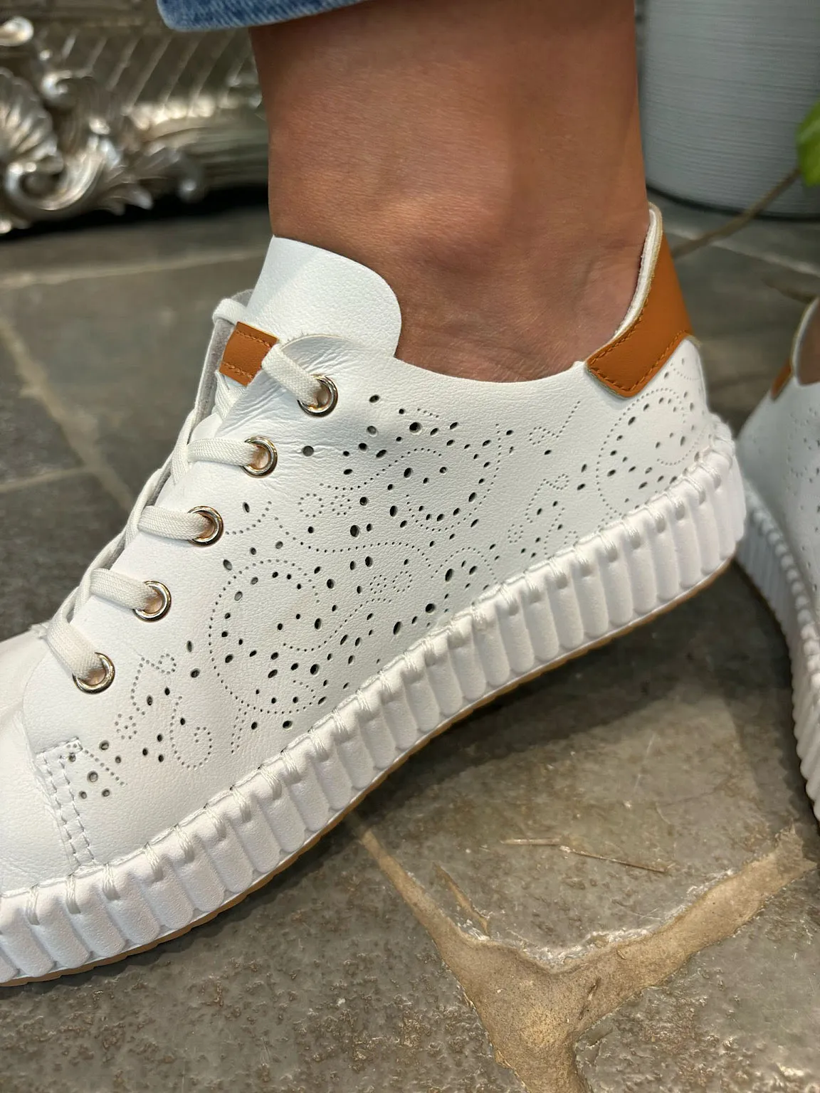 White Pierced Slip On Trainers