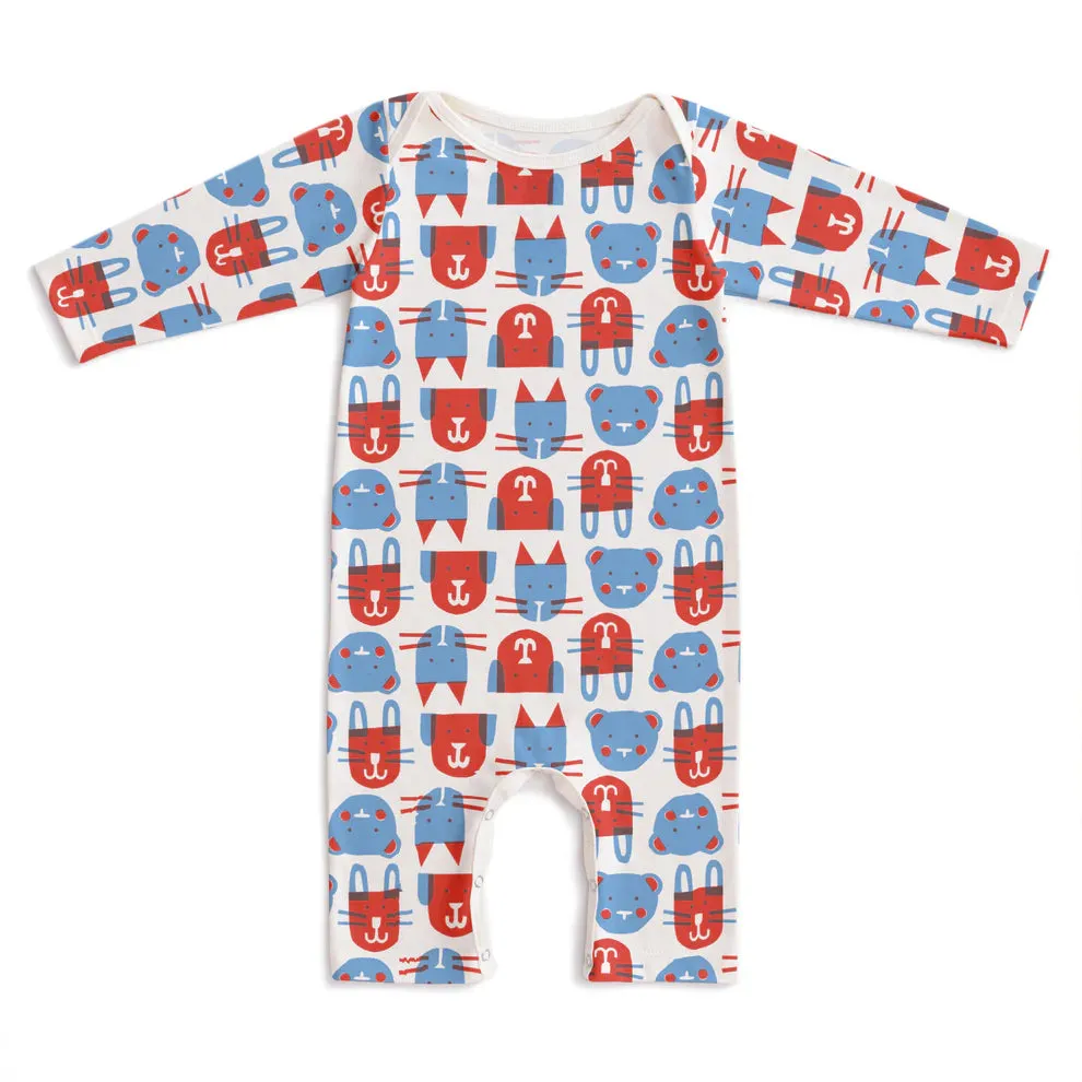 Winter Water Factory | Long Sleeve Romper in Furry Friends Red & Blue