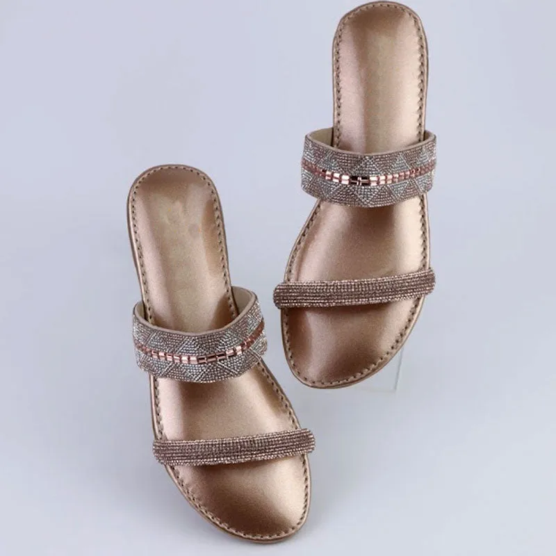 Women Fancy Flats Metallic Sole Rhinestone Straps Sandal