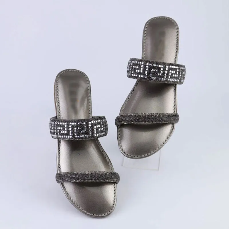 Women Fancy Flats Metallic Sole Rhinestone Straps Sandal