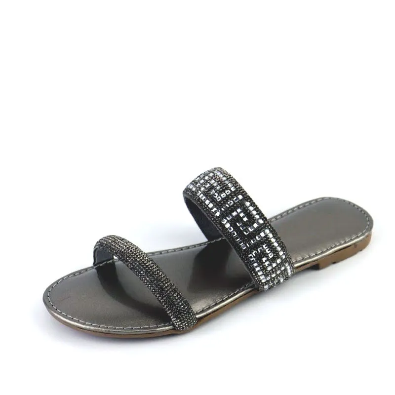 Women Fancy Flats Metallic Sole Rhinestone Straps Sandal
