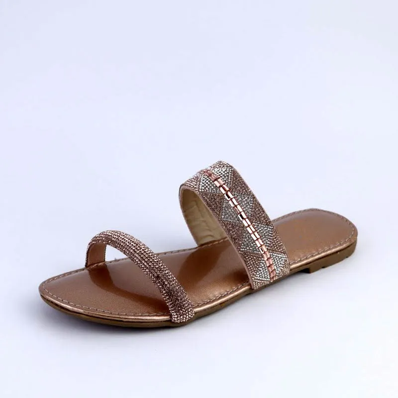 Women Fancy Flats Metallic Sole Rhinestone Straps Sandal