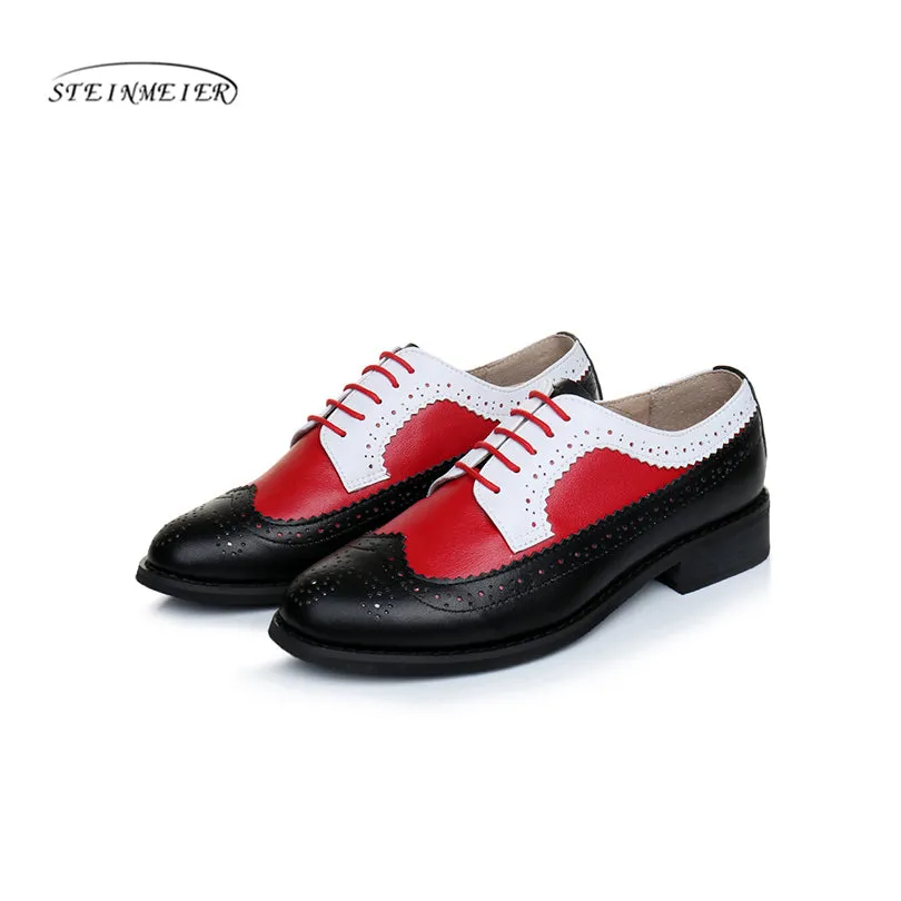 Women Genuine Leather Oxford Shoes Woman Flats Handmade Vintage Retro Lace Up Loafers Brown Casual S