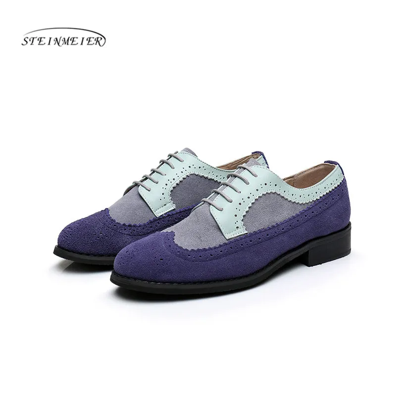Women Genuine Leather Oxford Shoes Woman Flats Handmade Vintage Retro Lace Up Loafers Brown Casual S