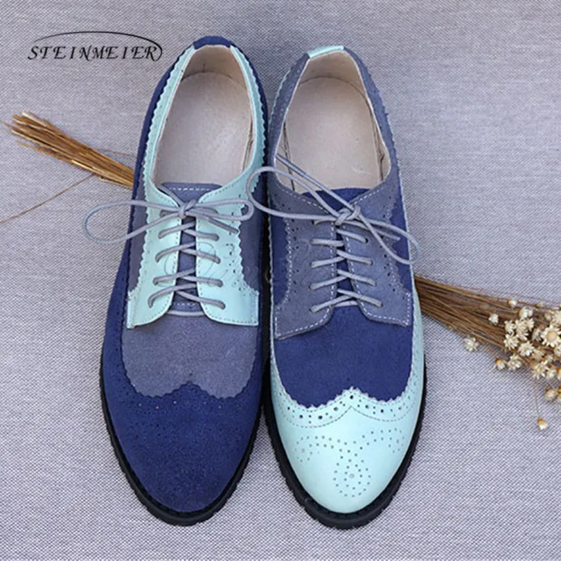 Women Genuine Leather Oxford Shoes Woman Flats Handmade Vintage Retro Lace Up Loafers Brown Casual S