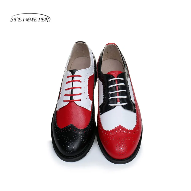 Women Genuine Leather Oxford Shoes Woman Flats Handmade Vintage Retro Lace Up Loafers Brown Casual S