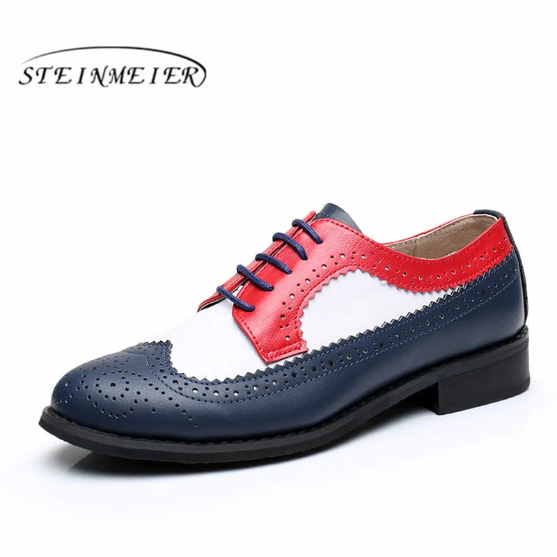 Women Genuine Leather Oxford Shoes Woman Flats Handmade Vintage Retro Lace Up Loafers Brown Casual S