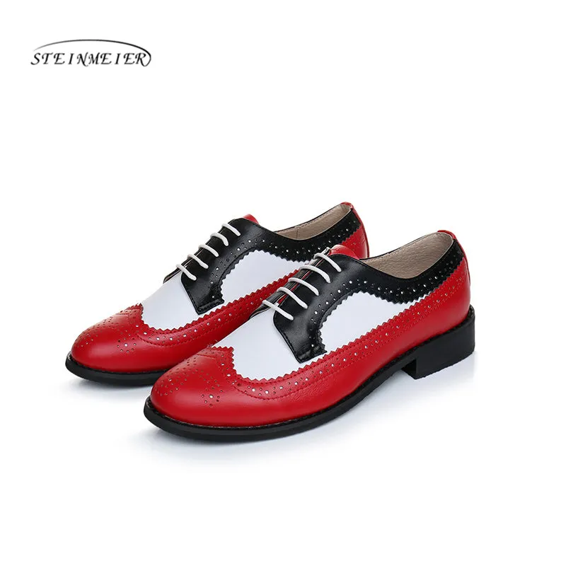 Women Genuine Leather Oxford Shoes Woman Flats Handmade Vintage Retro Lace Up Loafers Brown Casual S