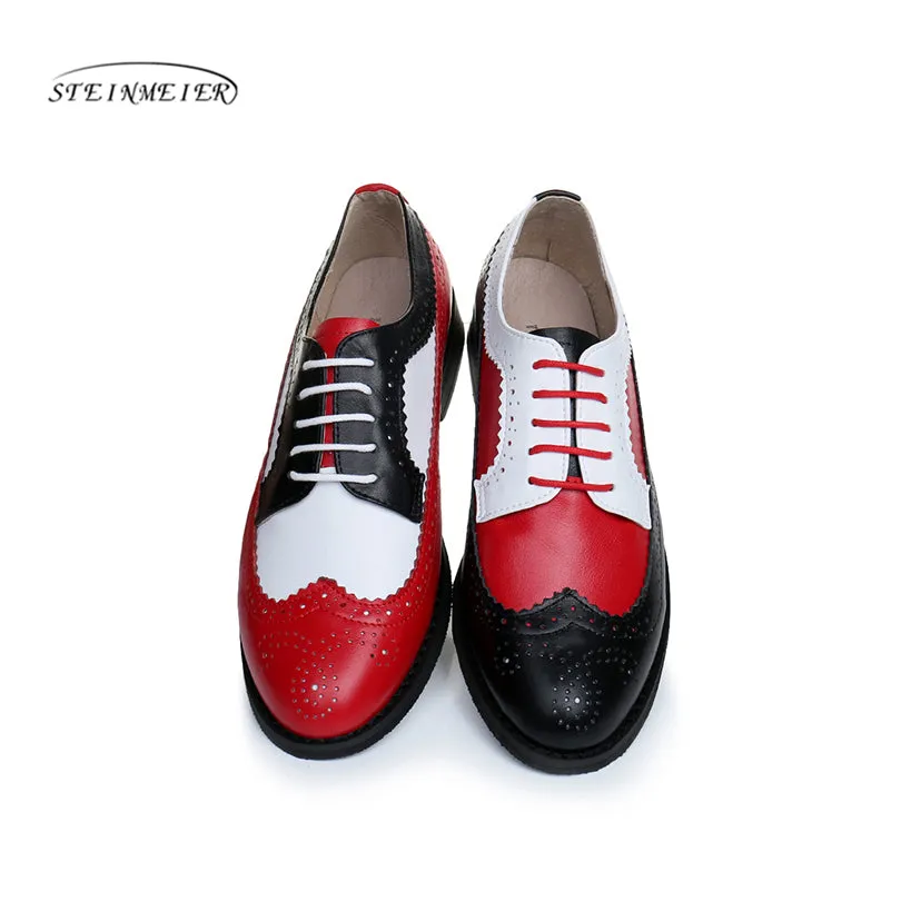 Women Genuine Leather Oxford Shoes Woman Flats Handmade Vintage Retro Lace Up Loafers Brown Casual S