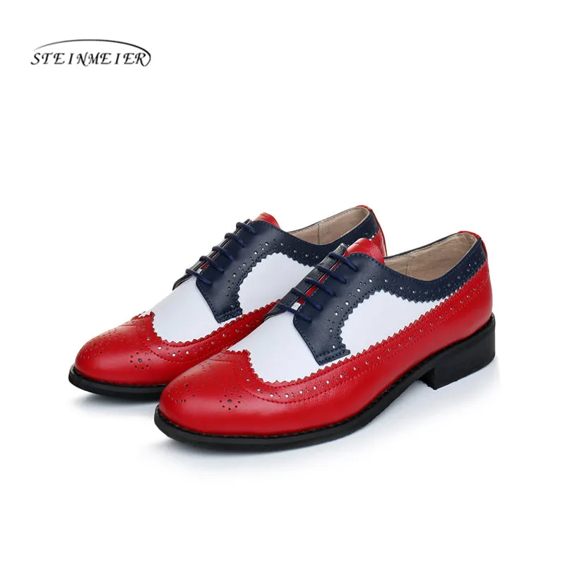 Women Genuine Leather Oxford Shoes Woman Flats Handmade Vintage Retro Lace Up Loafers Brown Casual S