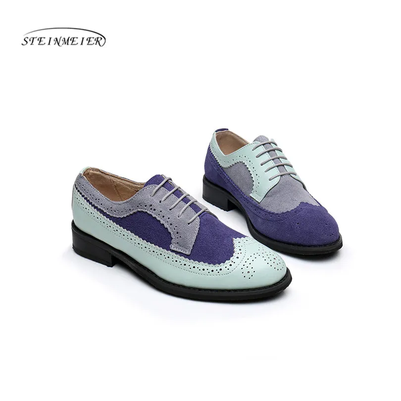 Women Genuine Leather Oxford Shoes Woman Flats Handmade Vintage Retro Lace Up Loafers Brown Casual S
