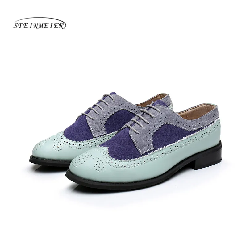 Women Genuine Leather Oxford Shoes Woman Flats Handmade Vintage Retro Lace Up Loafers Brown Casual S
