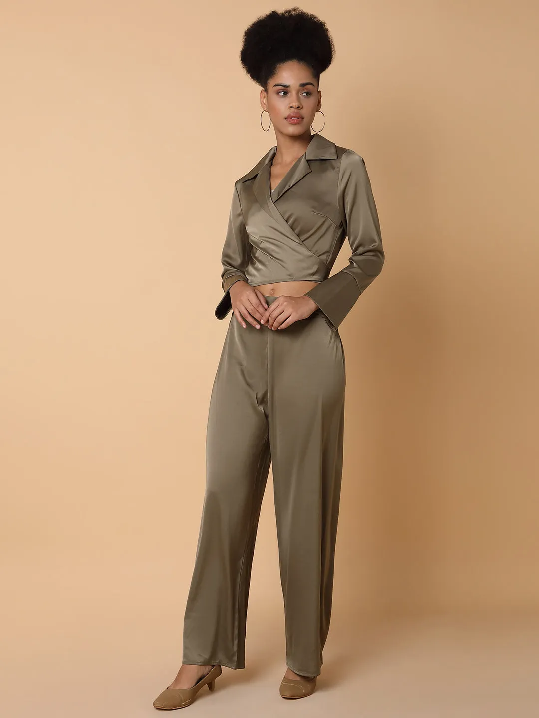 Women Solid Collared Olive Co-Ord Set