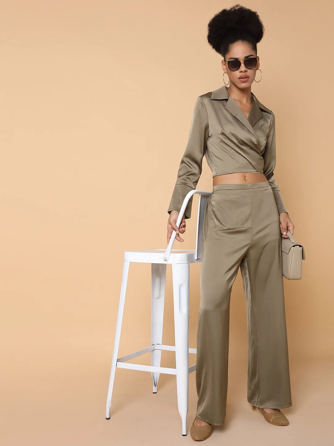 Women Solid Collared Olive Co-Ord Set