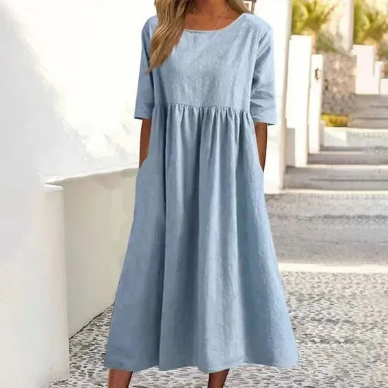 🔥Women's Casual Basic Outdoor Crew Neck Pocket Smocked Cotton Dress