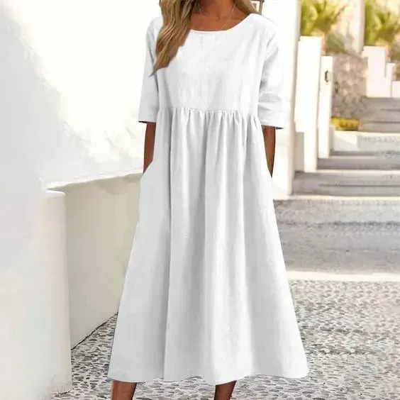 🔥Women's Casual Basic Outdoor Crew Neck Pocket Smocked Cotton Dress