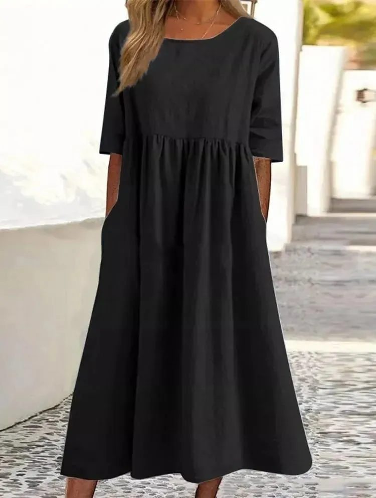🔥Women's Casual Basic Outdoor Crew Neck Pocket Smocked Cotton Dress