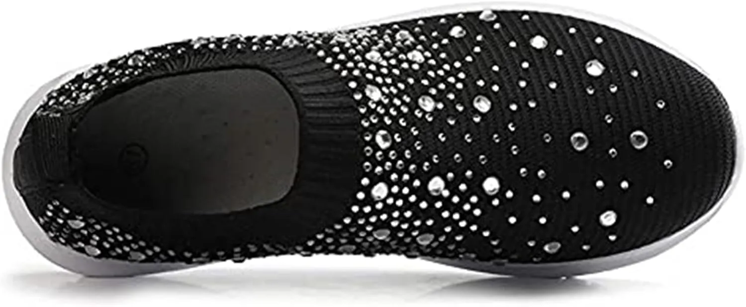 Women's Crystal Breathable Orthopedic Slip On Walking Shoes, Sparkle Rhinestone Slip On Loafers, Knitted Anti-Slip Sneakers Casua
