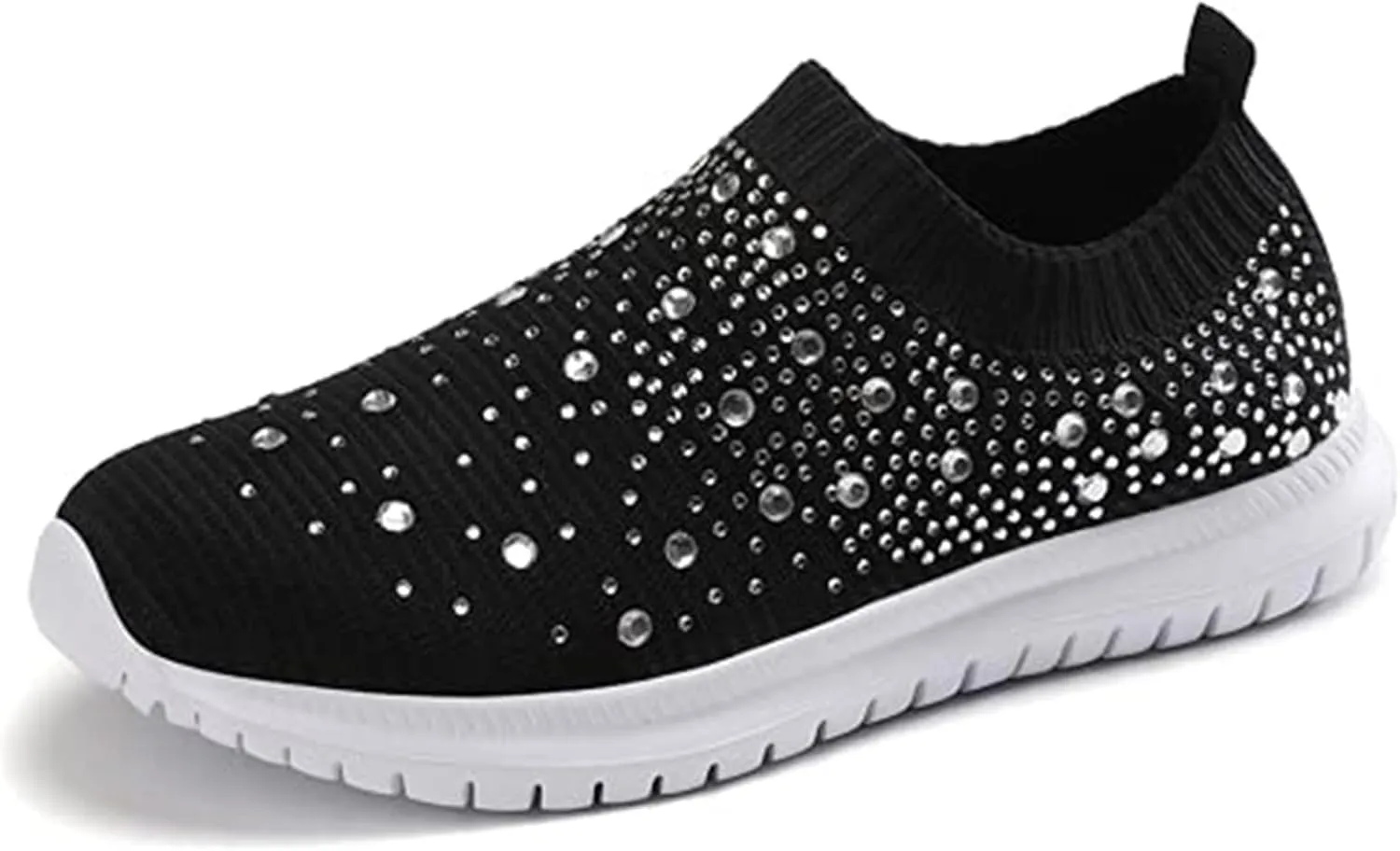 Women's Crystal Breathable Orthopedic Slip On Walking Shoes, Sparkle Rhinestone Slip On Loafers, Knitted Anti-Slip Sneakers Casua